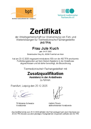 Urkunde Anästhesieassistentin Jule Kuch